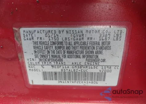 2014 Nissan Versa 1.6 S/1.6 S+/1.6 Sl/1.6 Sv from USA, damaged, VIN 3N1CN7AP2EK454806